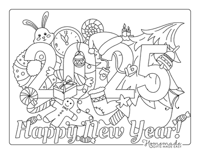 New Year Coloring Pages Happy New Year 2025 Holiday Decorations