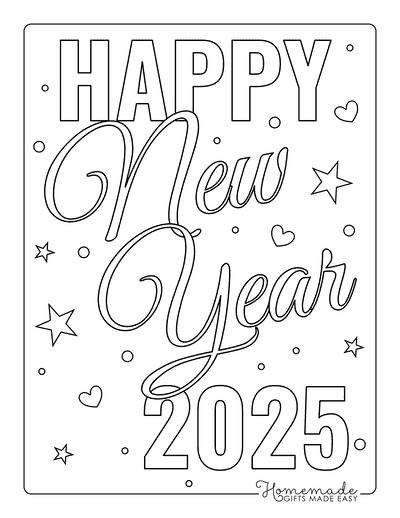 New Year Coloring Pages Happy New Year 2025 Stars Hearts