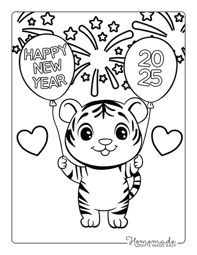 New Year Coloring Pages Happy New Year 2025 Tiger With Balloons