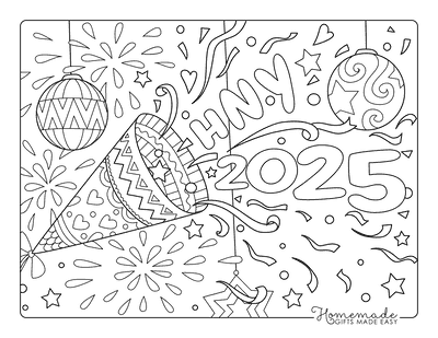 New Year Coloring Pages Hny 2025 Confetti Streamers Fireworks