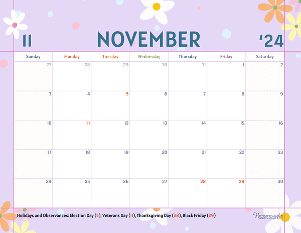 November 2024 Calendars Dotted Flowery Pastel