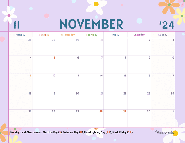 November 2024 Calendars Dotted Flowery Pastel Monday Start