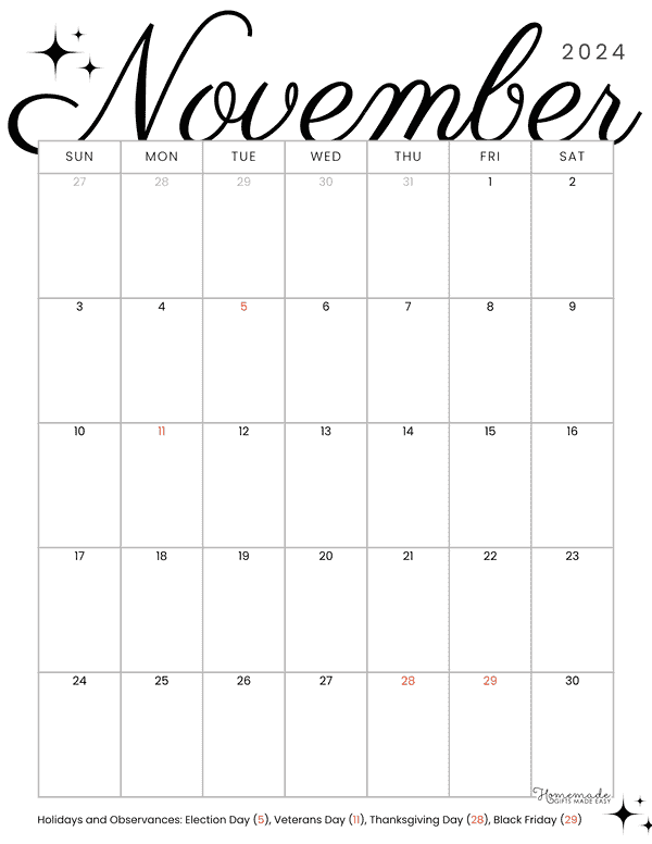 November 2024 Calendars Elegant Minimalist Portrait