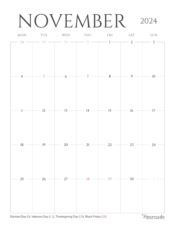 November 2024 Calendars Grayscale Minimalist Portrait Mon Start