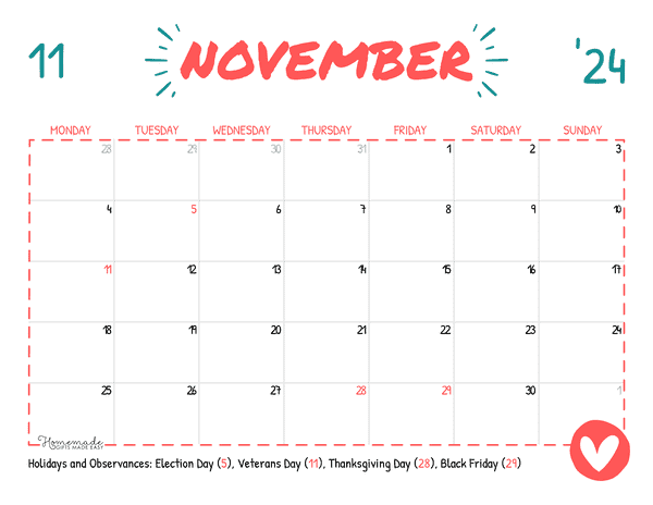 November 2024 Calendars Simple Playful Monday Start