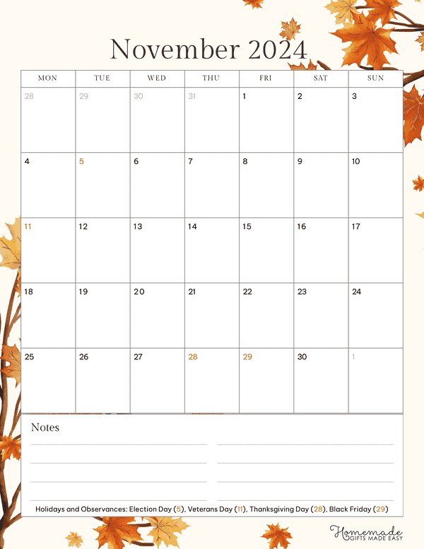 November 2024 Calendars Watercolor Leaves Portrait Monday Start