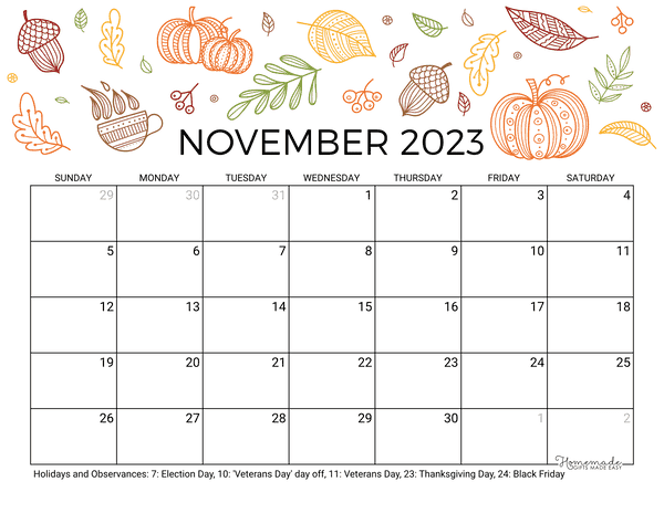 November Calendar 2023 Printable Fall Landscape