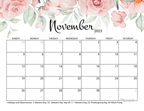 November Calendar 2023 Printable Rose