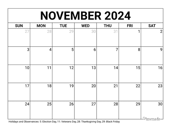 November Calendar 2024 Printable Blank
