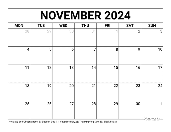 November Calendar 2024 Printable Blank Monday Start