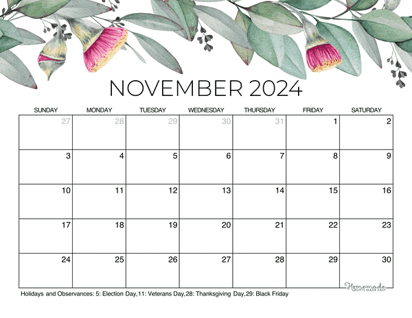 November Calendar 2024 Printable Eucalyptus
