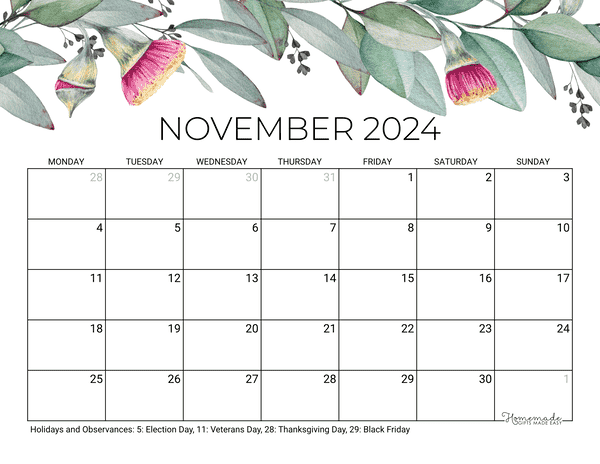 November Calendar 2024 Printable Eucalyptus Monday Start
