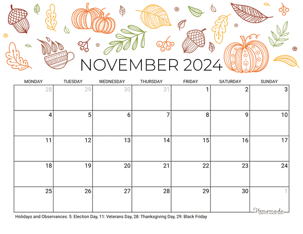 November Calendar 2024 Printable Fall Landscape Monday Start