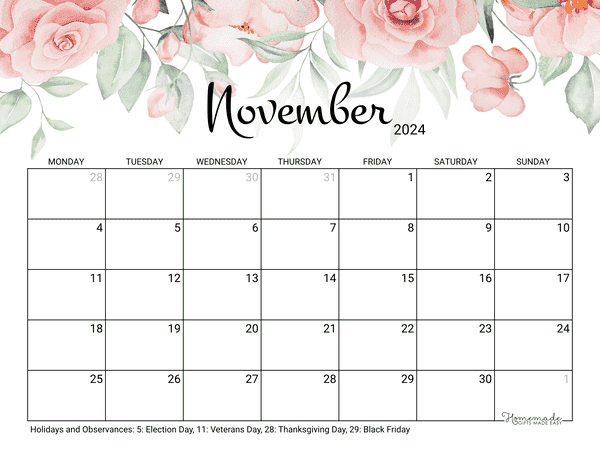 November Calendar 2024 Printable Rose Monday Start