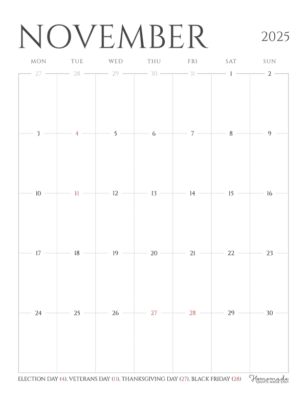 November Calendar 2025 Grayscale Minimalist Portrait Mon Start