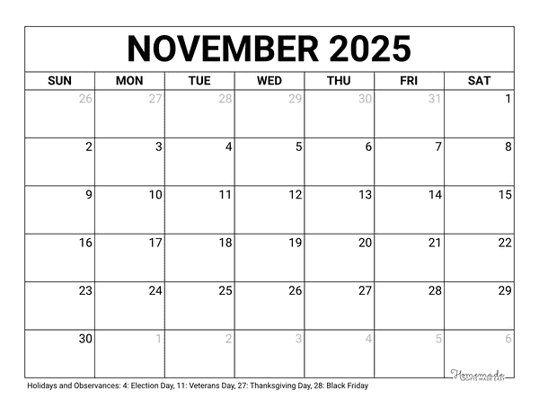 November Calendar 2025 Printable Blank