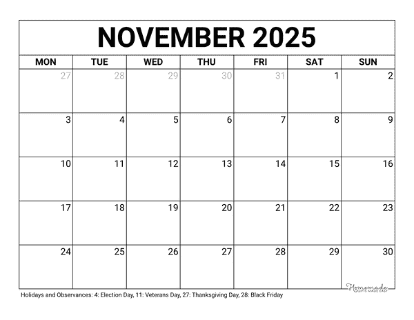 November Calendar 2025 Printable Blank Monday Start