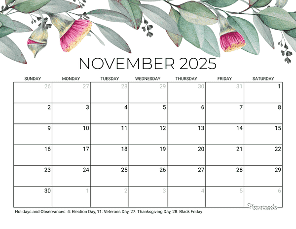 November Calendar 2025 Printable Eucalyptus