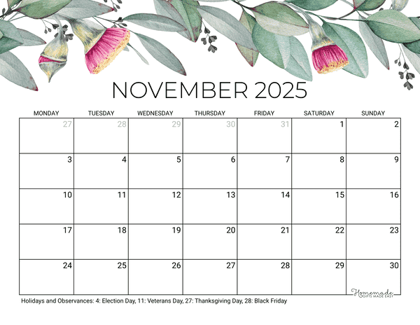 November Calendar 2025 Printable Eucalyptus Monday Start