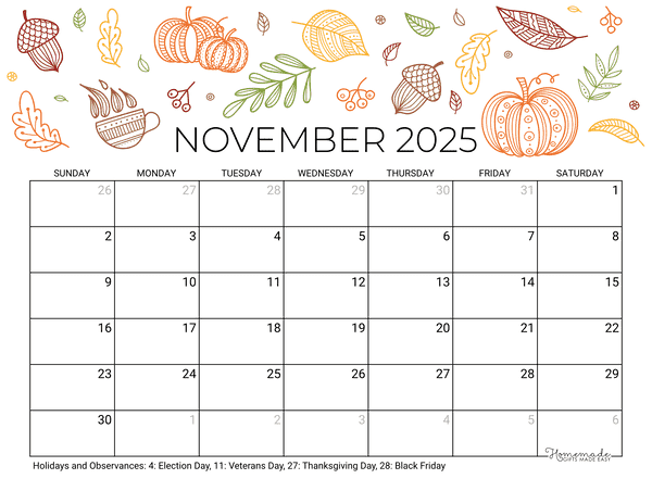 November Calendar 2025 Printable Fall Landscape