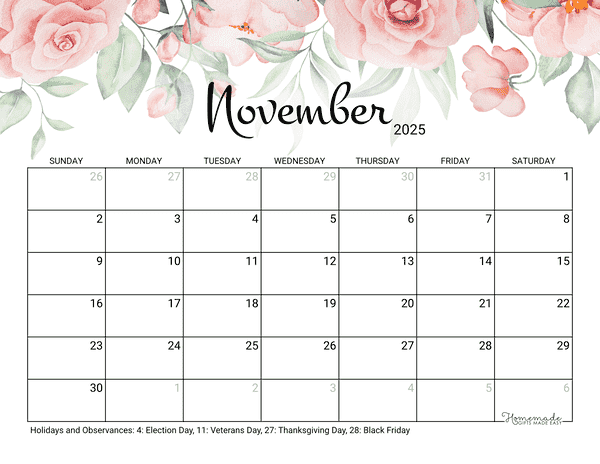 November Calendar 2025 Printable Rose