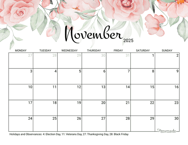 November Calendar 2025 Printable Rose Monday Start