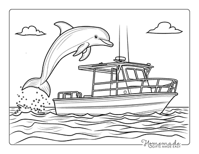 Ocean Coloring Pages Dolphin Leaping Fishing Boat