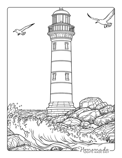 Ocean Coloring Pages Realistic Lighthouse Rocky Shore