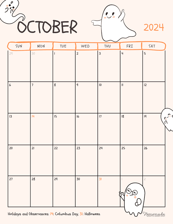 October 2024 Calendars Cute Ghosts Portrait