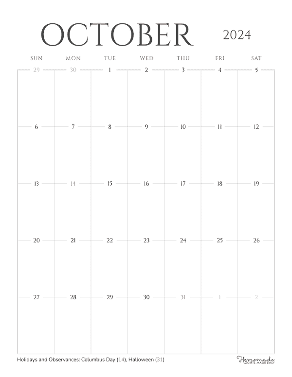 October 2024 Calendars Grayscale Minimalist Portrait