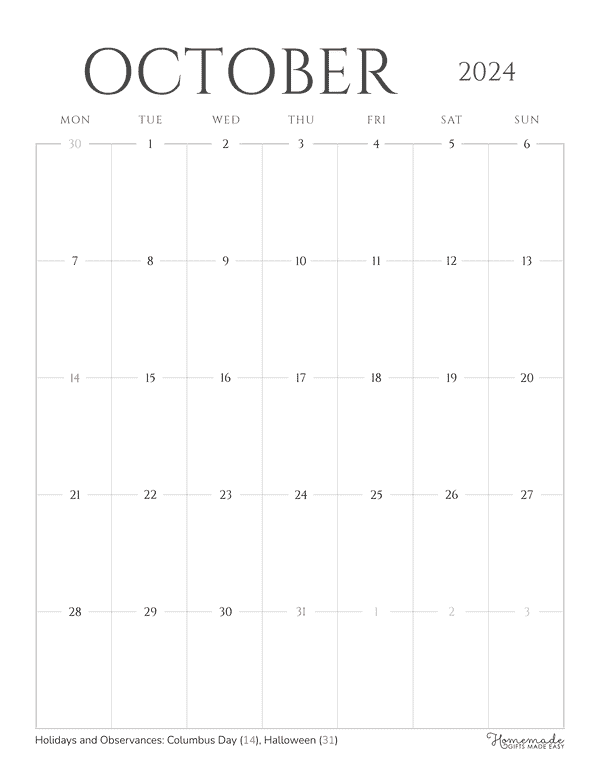 October 2024 Calendars Grayscale Minimalist Portrait Mon Start