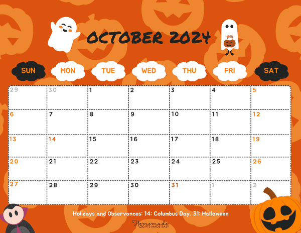 October 2024 Calendars Orange Soft Halloween