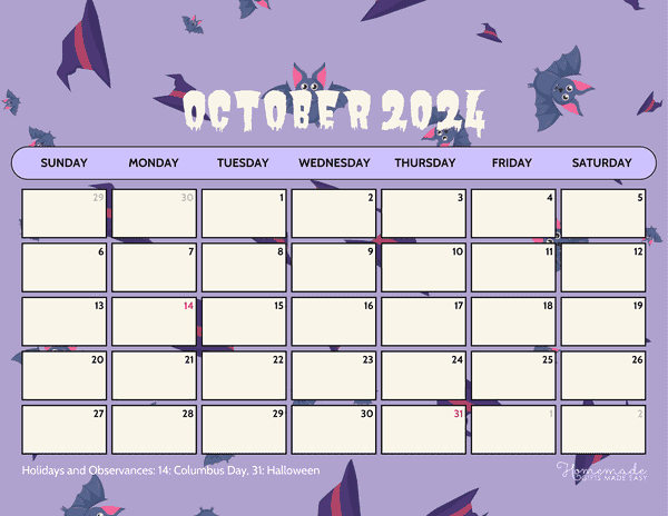 October 2024 Calendars Purple Bats