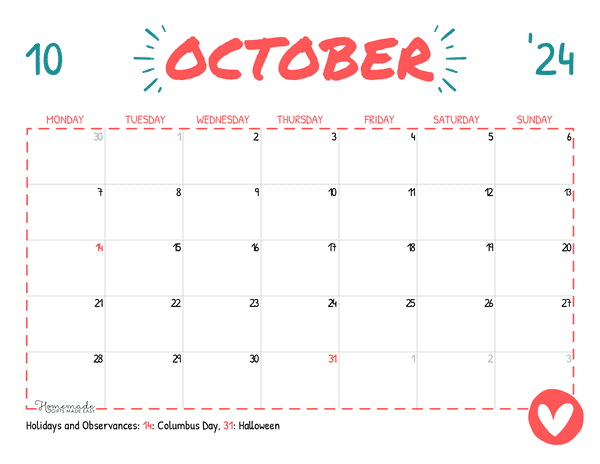 October 2024 Calendars Simple Playful Monday Start