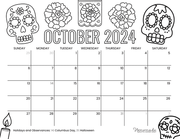 October 2024 Calendars to Color Day of Dead