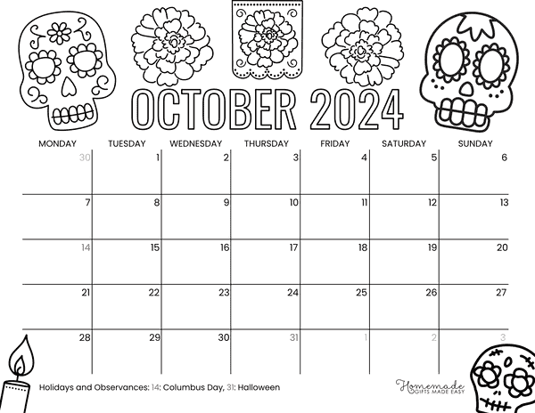 October 2024 Calendars to Color Day of Dead Monday Start