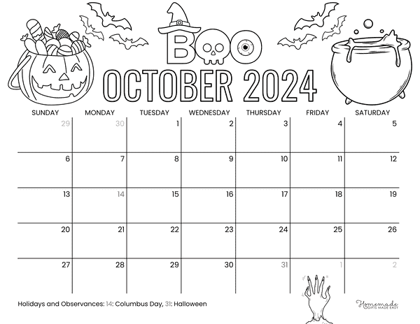 October 2024 Calendars to Color Halloween