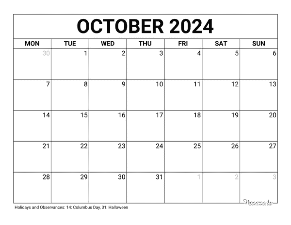October Calendar 2024 Printable Blank Monday Start