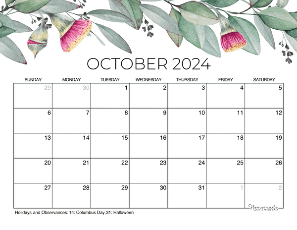 October Calendar 2024 Printable Eucalyptus