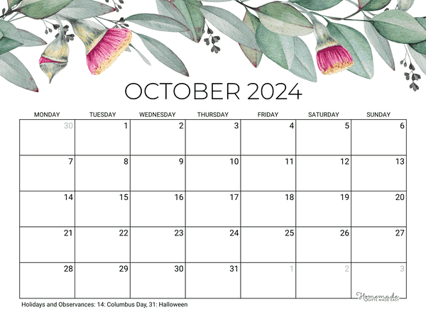 October Calendar 2024 Printable Eucalyptus Monday Start