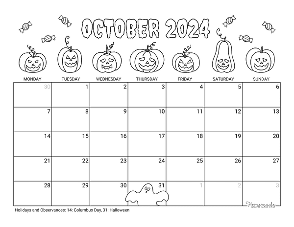 October Calendar 2024 Printable Halloween Coloring Landscape Monday Start