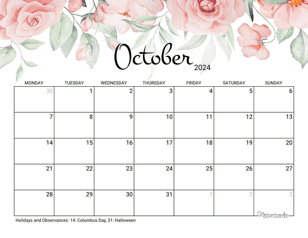 October Calendar 2024 Printable Rose Monday Start
