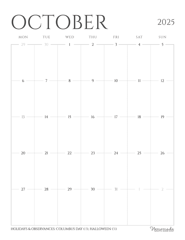 October Calendar 2025 Grayscale Minimalist Portrait Mon Start