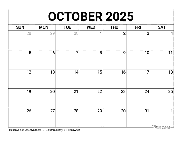 October Calendar 2025 Printable Blank