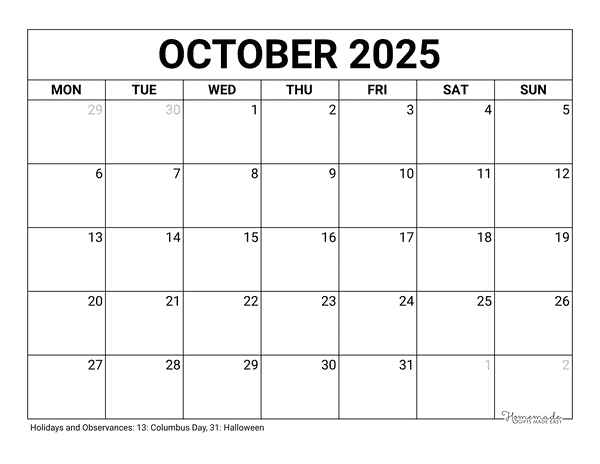 October Calendar 2025 Printable Blank Monday Start