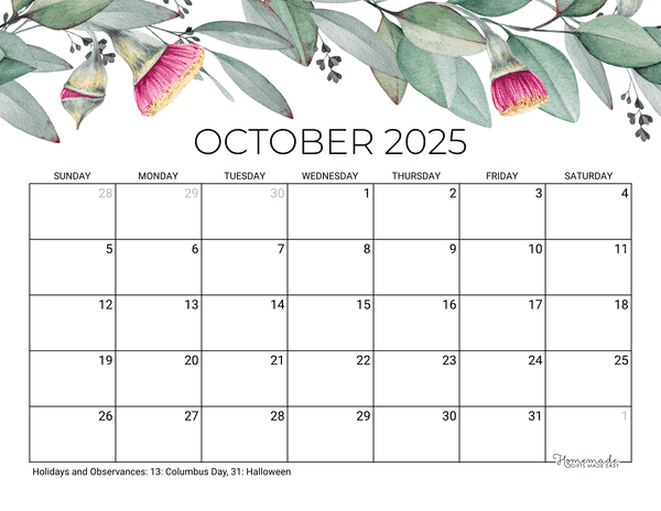 October Calendar 2025 Printable Eucalyptus