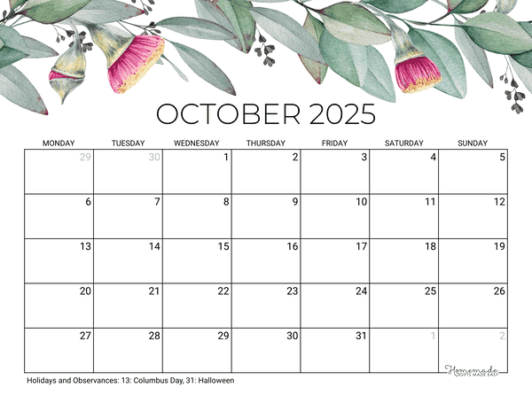October Calendar 2025 Printable Eucalyptus Monday Start