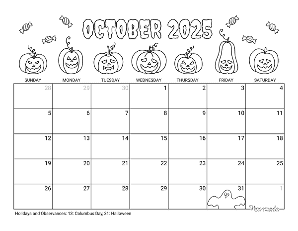 October Calendar 2025 Printable Halloween Coloring Landscape