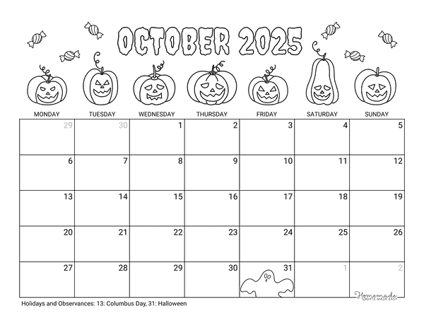 October Calendar 2025 Printable Halloween Coloring Landscape Monday Start