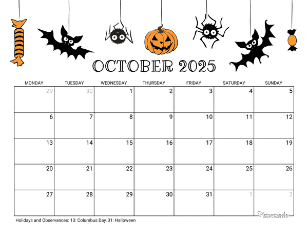 October Calendar 2025 Printable Halloween Landscape Monday Start